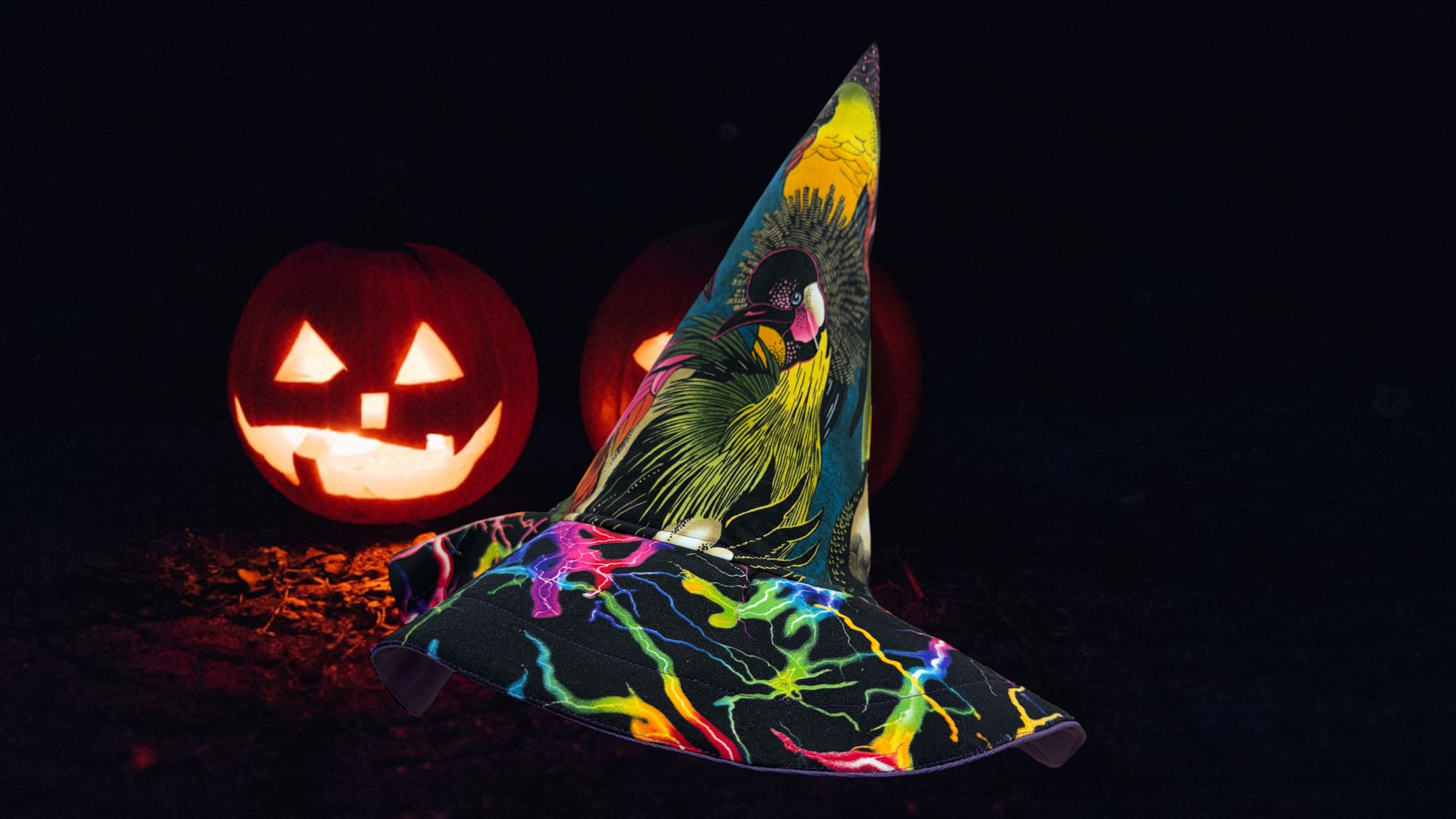 Tropical Birds and Neon Lightning Witch or Wizards Hat